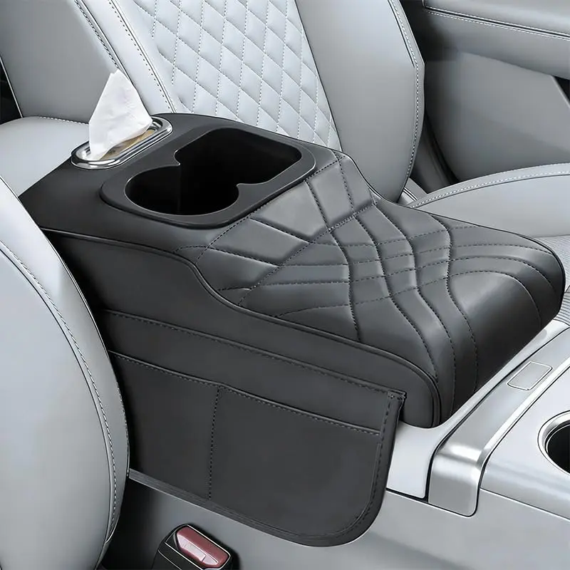 

Улучшенный чехол для автомобильной консоли из искусственной кожи с подлокотником, 2 карманами для хранения и коробкой для салфеток (черный)