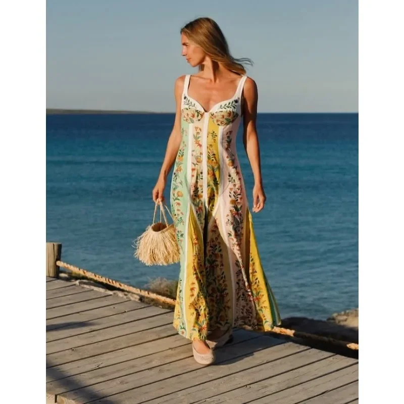 INS Elegant Strap V Neck Corset Flowy Vacation Beach Boho Long Dress Summer Women Loose Linen Floral Bohemian Dress