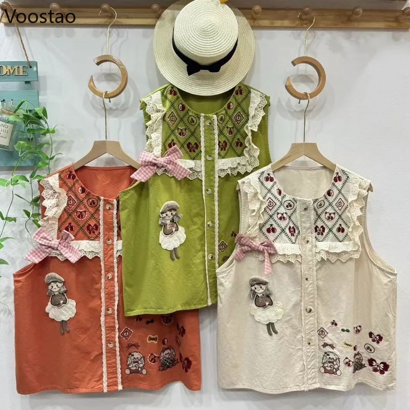 

Japanese Sweet Lolita Style Vest Women Kawaii Bow Cartoon Embroidery Lace Ruffles Waistcoat Mori Girl Y2k Sleeveless Jackets