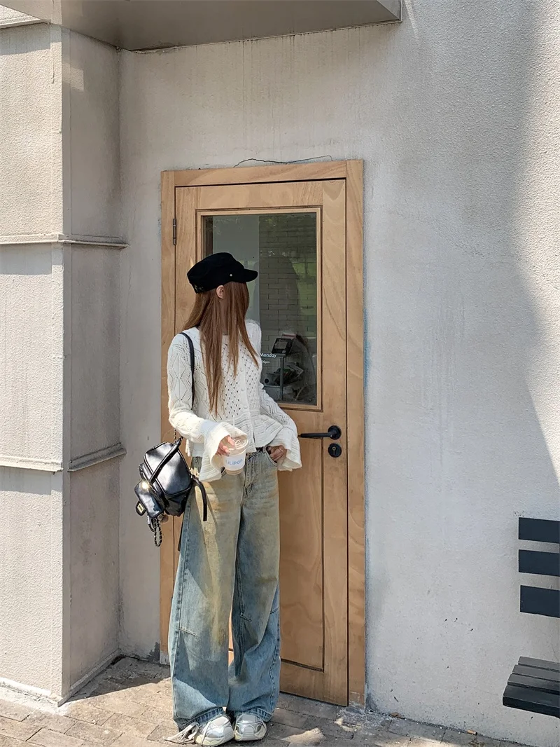 

Retro Washed Loose Wide Leg Jeans Women's Spring Versatile Casual High Waist Cotton Blend Comfortable Fit Blue Denim Pants