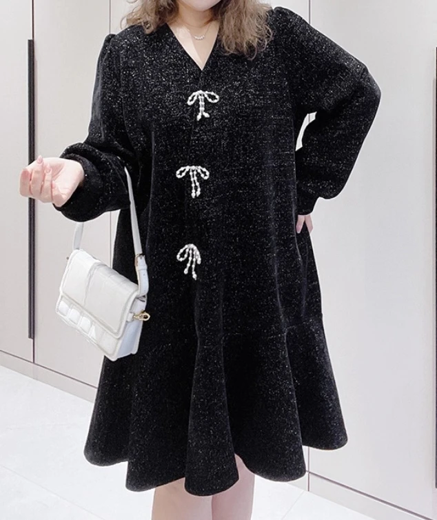 Große Größe Weiblichen Frühling Herbst Spleißen Rüschen Elegante V-ausschnitt A-linie Fee Kleid Süße Lose Langarm Schwarz Freizeit Kleider