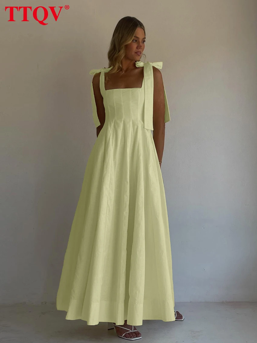 

TTQV Summer Loose Yellow Cotton Women Dress 2026 Sexy Square Collar Sleeveless Ankle Length Dresses Elegant Pleated Female Dress