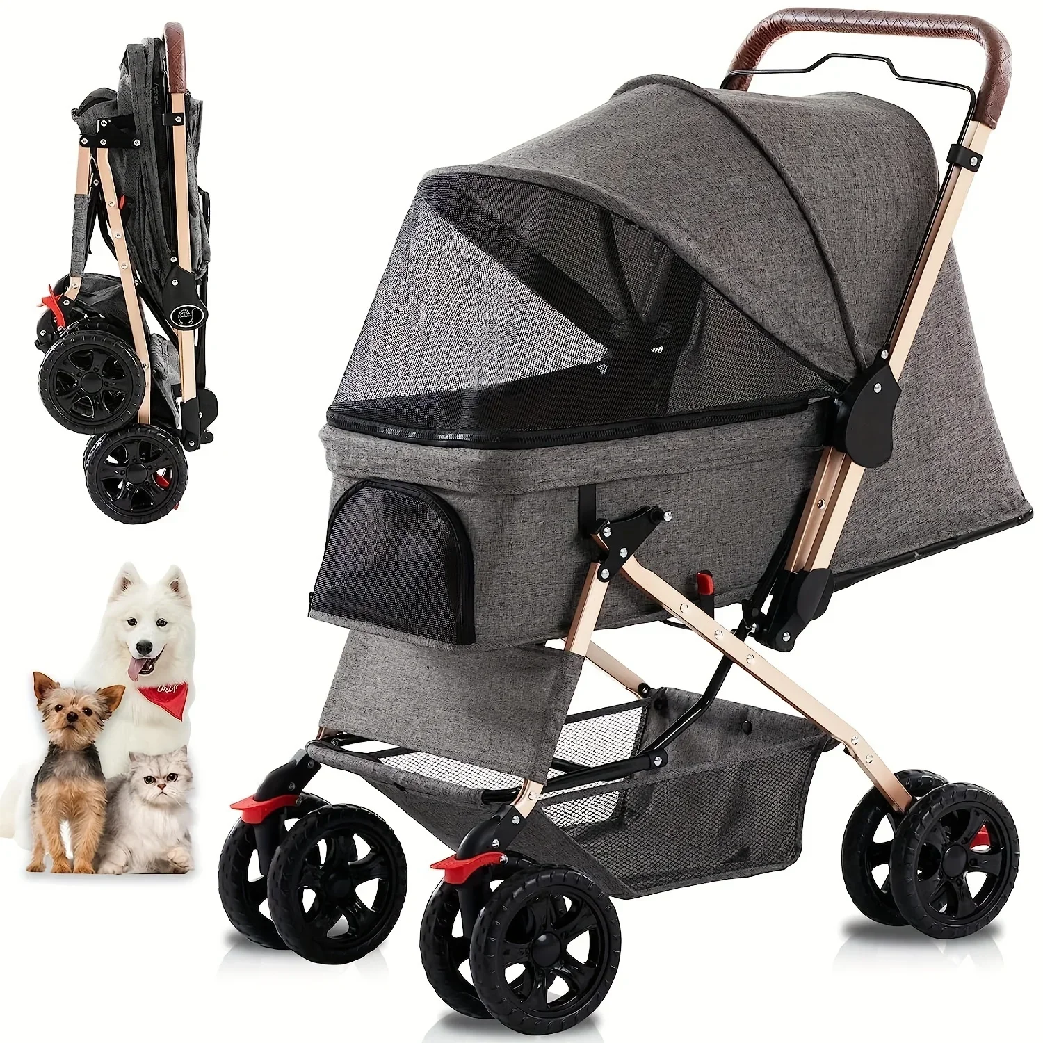 Pet Stroller For Cats And Dog, Four Wheels Carrier Strolling Cart With Weather Cover, With Storage Basket For Small Medium Dogs