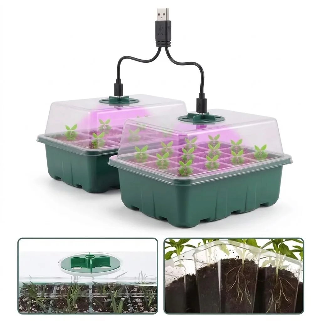 6 12 13 Cell Seed Starter Tray Box With LED Grow Light Nursery Pot Seedling Germination Planter Adjustable Ventilation Humidity