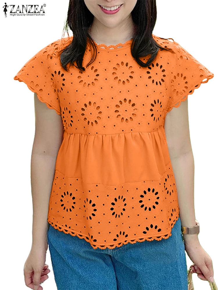 

Summer Hollow Out Blouse Fashion Short Sleeve Tunic Solid Pullovers Women Lace Tops Casual Loose Blusas 2025 ZANZEA