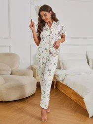 Floral Print Textured Pajama Set Casual Short Sleeve Buttons Lapel Top & Elastic Pants Women's Sleepwear