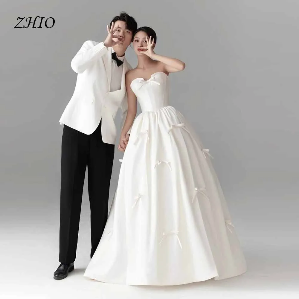 ZHIO Elegant Off-shoulder Korea Wedding Dresses Photo Shoot Customized Pleats Satin A Line Bow Ribbons Bridal Gown