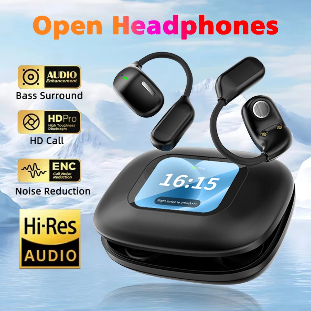 LX80 Full Touch Screen Bluetooth 5.4 Earphones Sports OWS Wireless Headphones ENC Noise Cancelling HiFi Open Earbuds With Mic