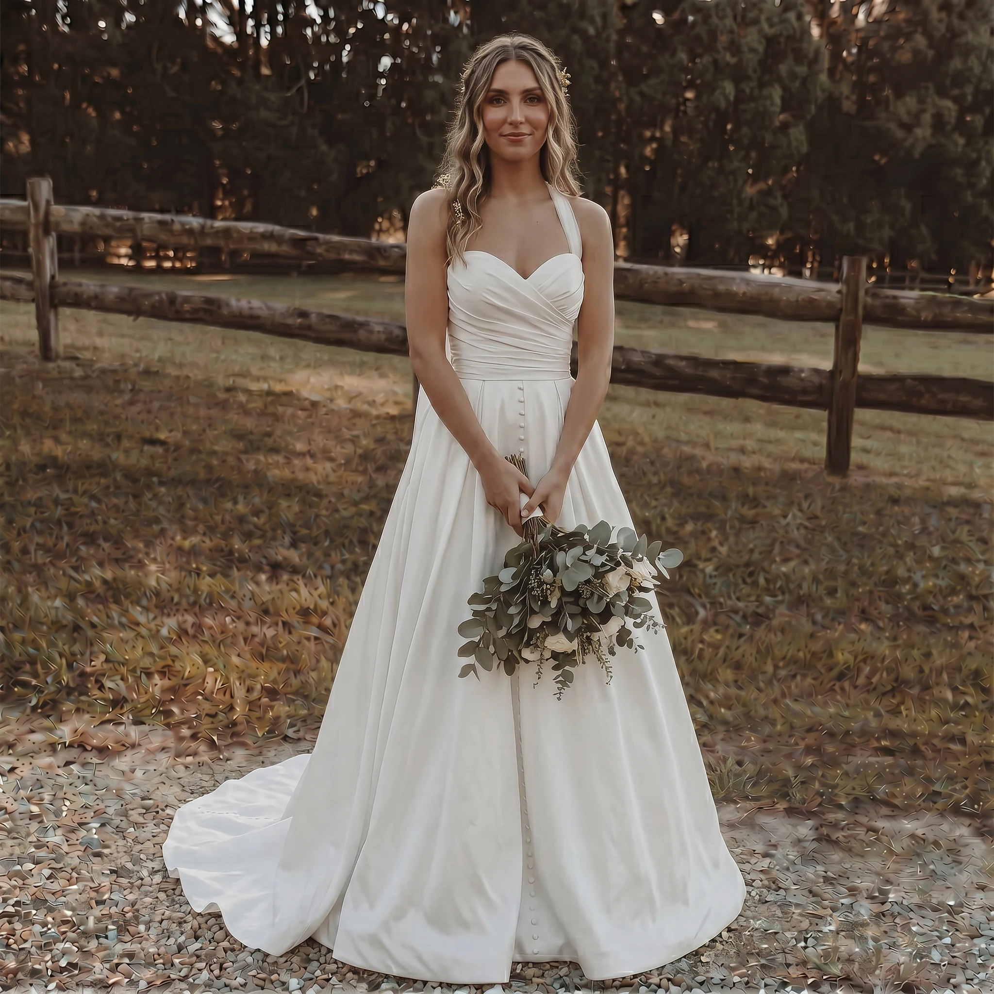 Halter Sweetheart Satin A Line Wedding Dress Ruched Bodice Pearl Detail Open Back Sash Chapel Train Bridal Gown