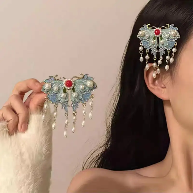 

Новая заколка для волос в китайском стиле с бабочкой, синим кисточком и жемчугом для женщин, аксессуар для волос в китайском стиле, боковая заколка, украшение для волос в стиле Ханьфу