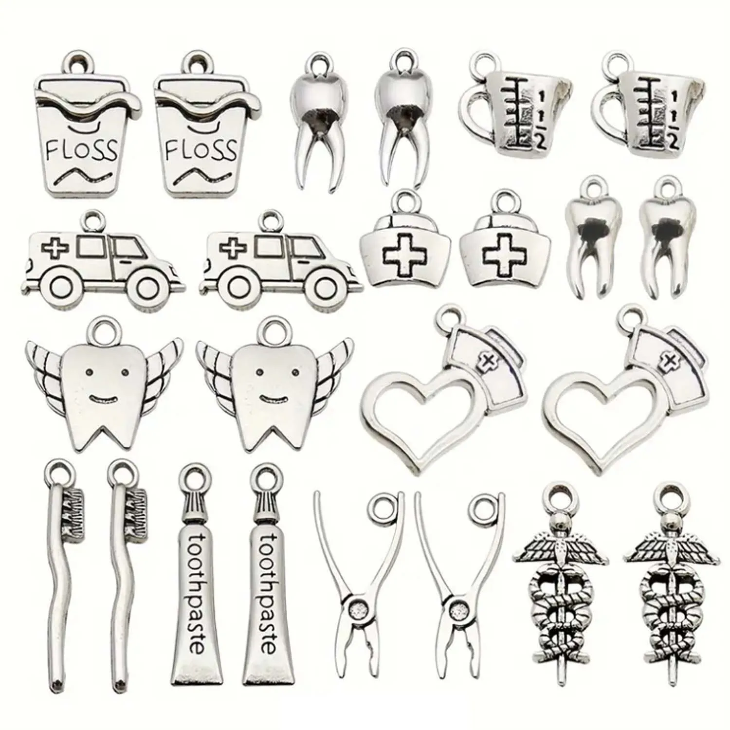 24pcs Antique Silvery Dentist Tooth Charms, Alloy Tooth Toothbrush Toothpaste Pendants, For DIY Jewelry Making Accessories