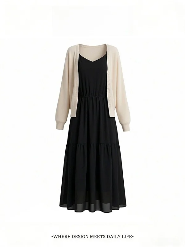 

Летний новый комплект из вязаного кардигана и платья на бретелях: женский, стройнящий, с эффектом высокого качества, модный ансамбль