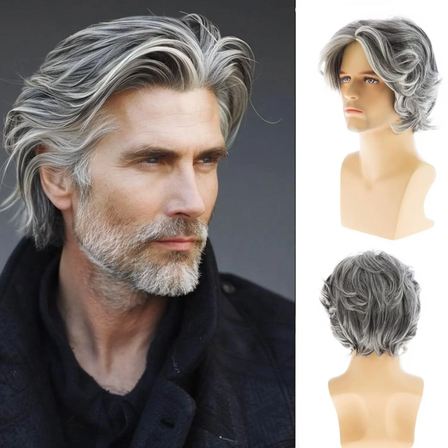 

Men's Medium Length Wavy Wig Salt and Pepper Gray with White Highlights Heat Resistant Synthetic Hair for Daily Wear