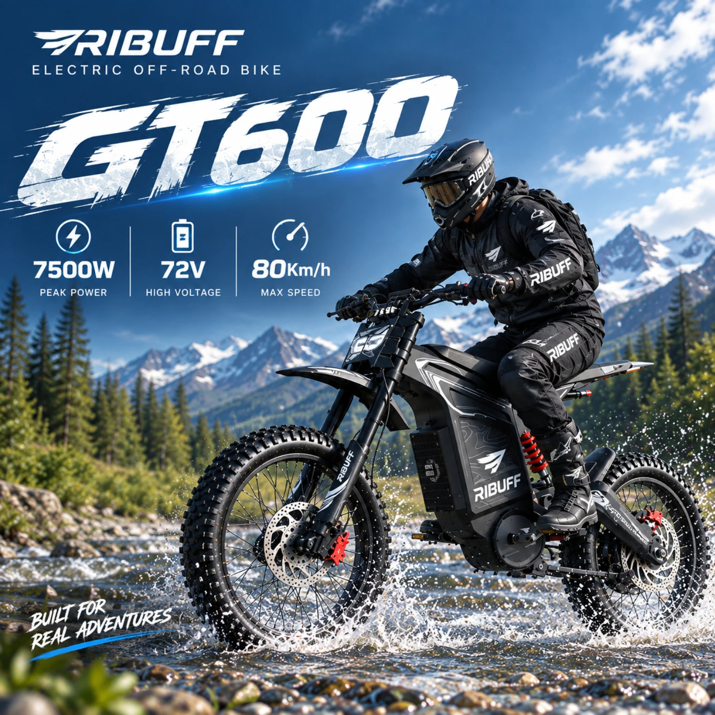 Moto elettrica da fuoristrada GT600, motore da 7500 W, velocità massima 80 km/h, batteria da 72 V e 30 Ah, pneumatici da fuoristrada da 19/17 pollici, sospensioni complete, 7 velocità, e-bike per
