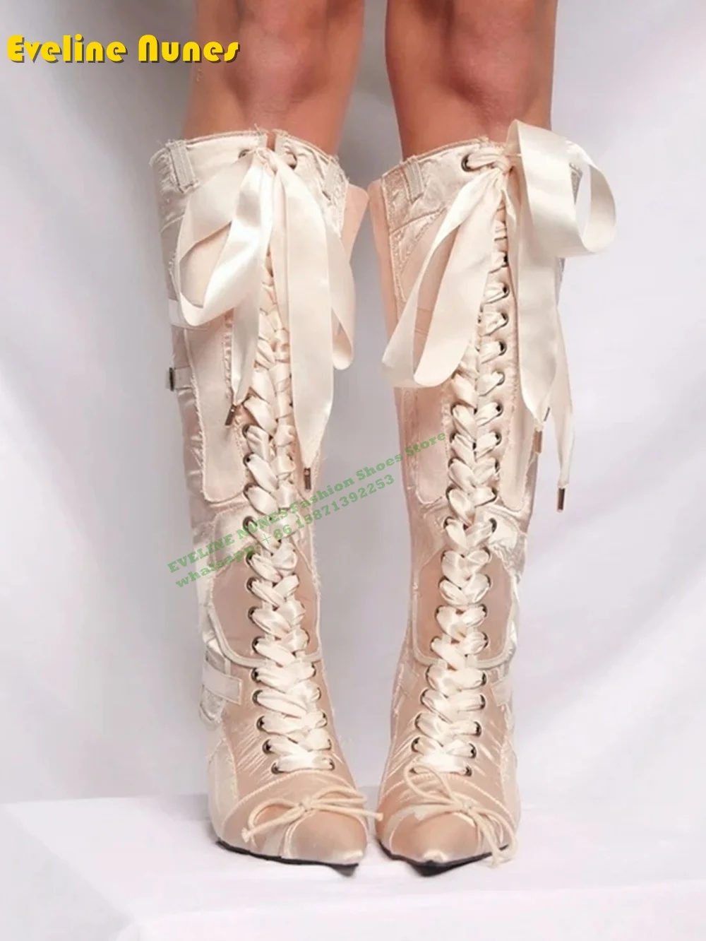 

Nude and Pink Stain Knee-High Boots Wood Heels Bow Lace-Up Ballet Style Large Size Sweet Fashion Booties Dress Party 2024 Newest