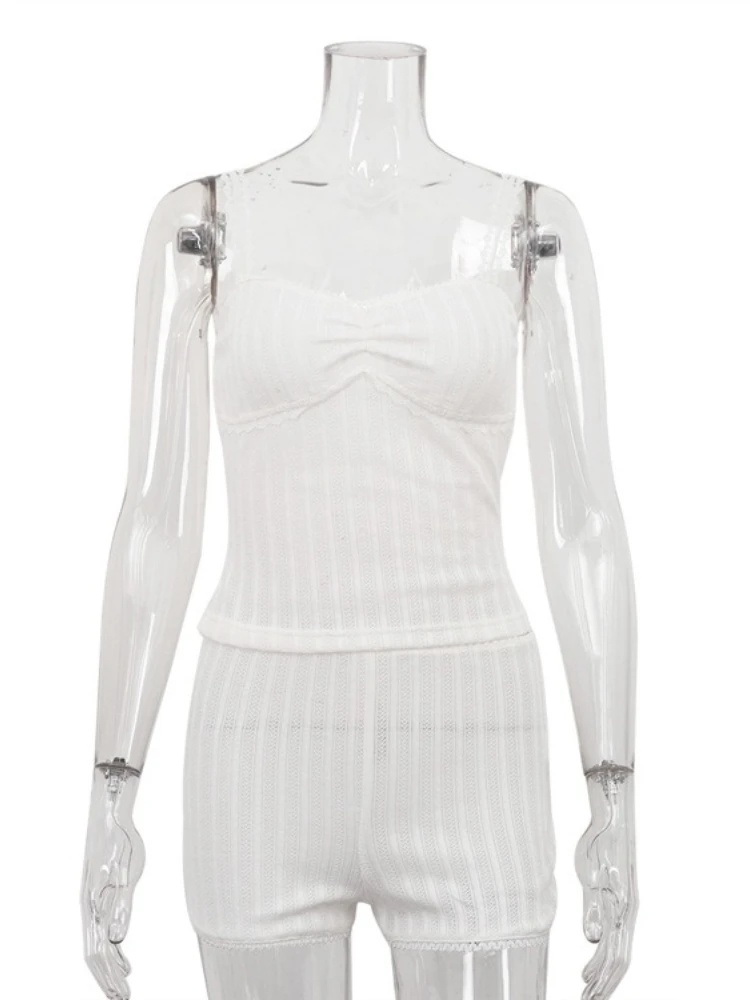 Tossy White V-Neck Lace Female 2 Piece-Set Shorts Solid Patchwork Strapless Top And High Waist Contrast Shorts Sets Female Sets
