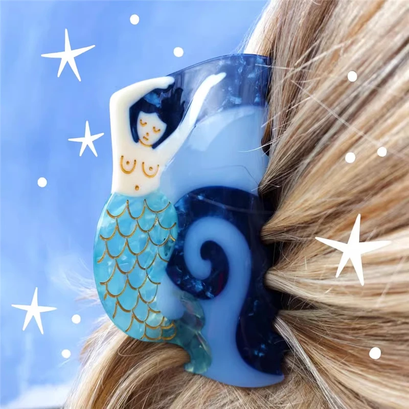 2023 New Blue Mermaid Hair Claw Clip Acetic Acid Wave Starry Sky Clips for Women Girls Kids Hairpin Sea Fish Crabs Headwear Set