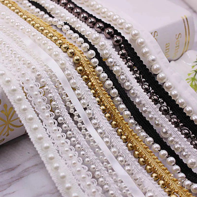 1Yard 15MM Hand Nailed Pearl Lace Ribbon Applique Pearl Fringe for Wedding Party Decor DIY Sewing Accessories Home Decor