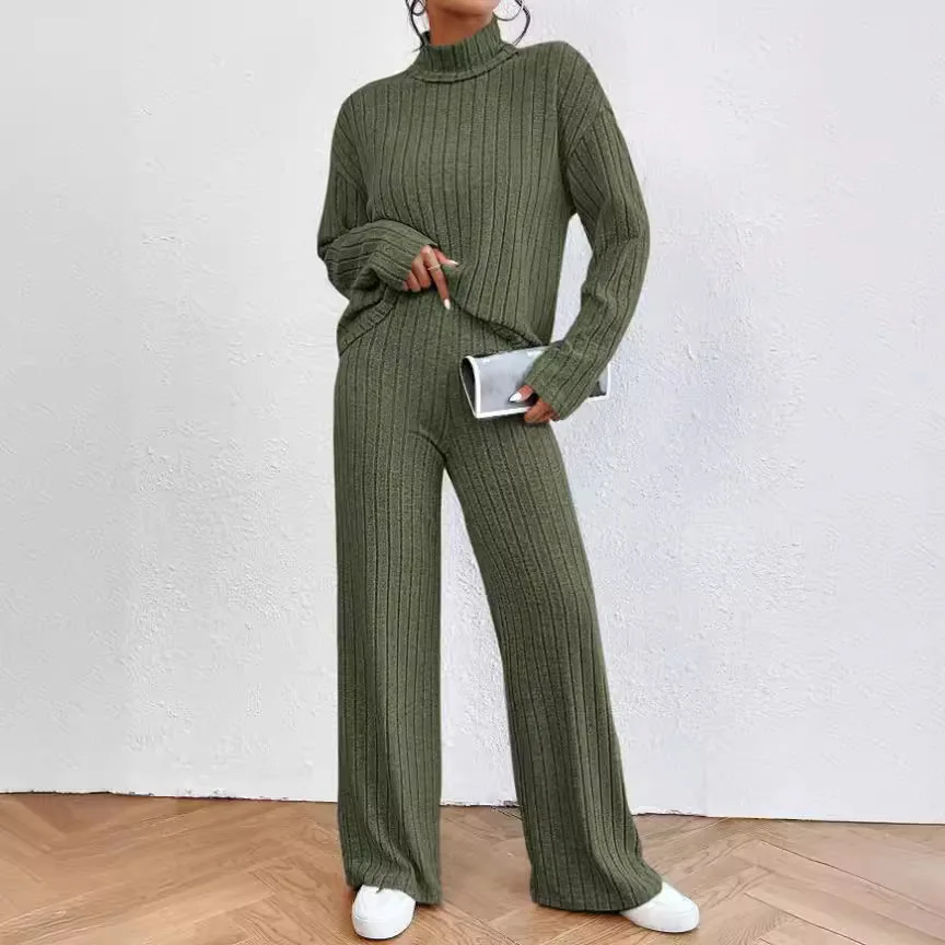 Women\'s Two Piece Suits Knitted Matching Outfits High Neck Loose Sweater And Pants Tracksuit Solid Color Autumn Sweater Sets