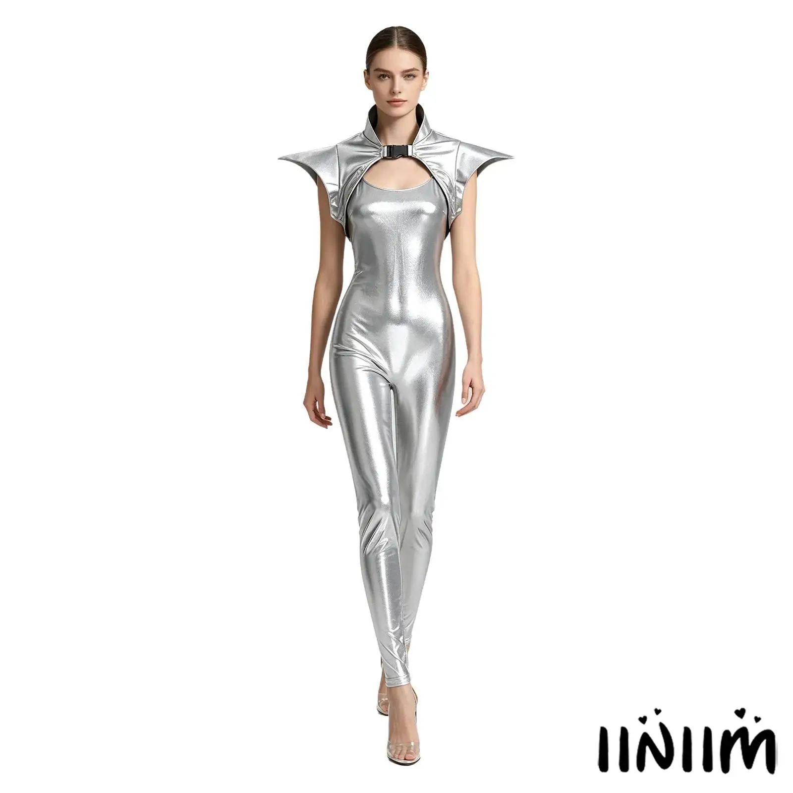 New Women Gothic Jazz Clubwear Jumpsuit Metallic Shiny Fly Sleeve Stand Collar Shoulder Armor Bodycon Sling for Halloween Party