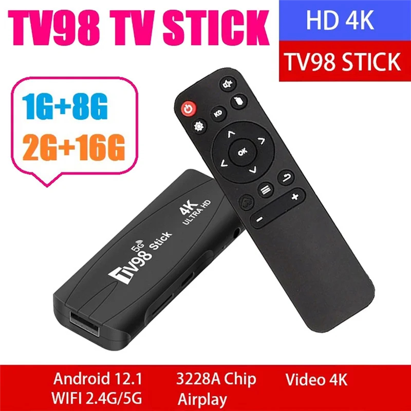 TV98 ทีวี STICK 2G+16G Android12.1 2.4G 5G WiFi Android สมาร์ททีวีกล่อง 4K 60Fps ชุดกล่องด้านบน