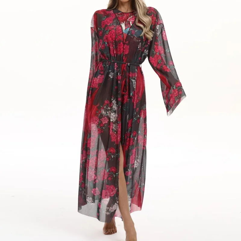 Abito da spiaggia con stampa bohémien Abito da donna vintage casual a maniche lunghe con lacci Top in rete Elegante moda Beachwear Bikini Cover Up 2025