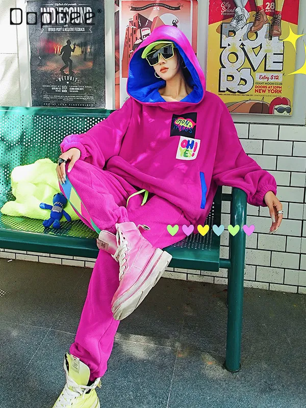 

Rose Red Colorful Letter Lamb Wool Casual Sweatshirt Winter New Hooded Trendy Loose Fleece Base Shirt Streetwear Women