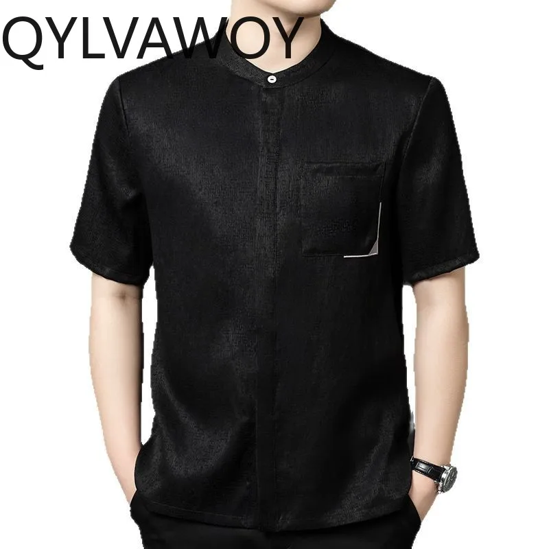

Мужская рубашка QYLVAWOY из 90% шелка тутового шелкопряда, черная, летняя, с коротким рукавом, воротник-мандарин, в стиле Тан, на каждый день