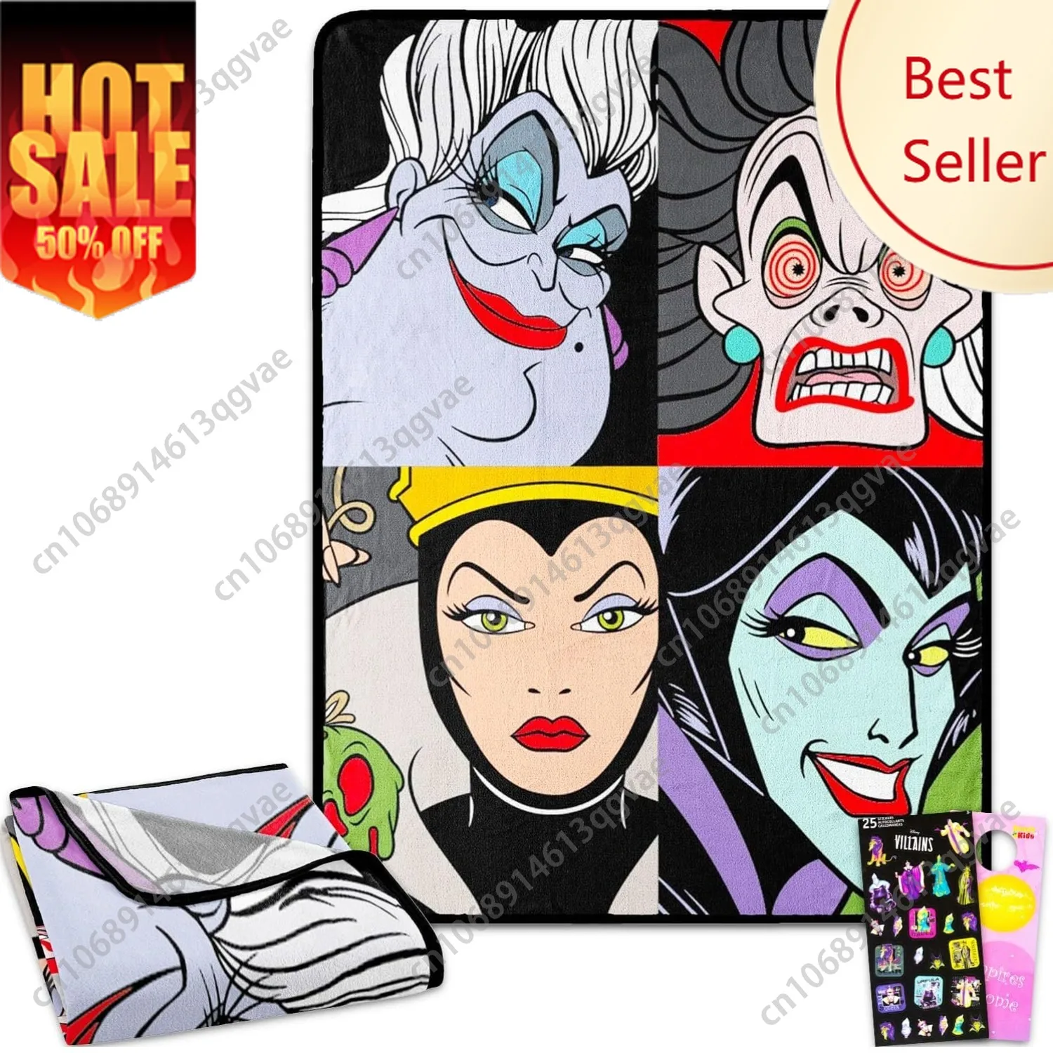 

Disney Villains Throw Blanket Set – Bundle with Throw Featuring Ursula, Cruella De Vil, Evil Queen, Maleficent Plus Stickers