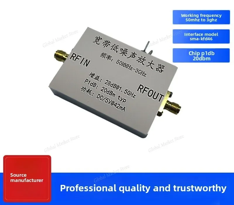 

Broadband low-noise amplifier, RF signal enhancement, antenna gain compensation, low noise figure, low power consumption