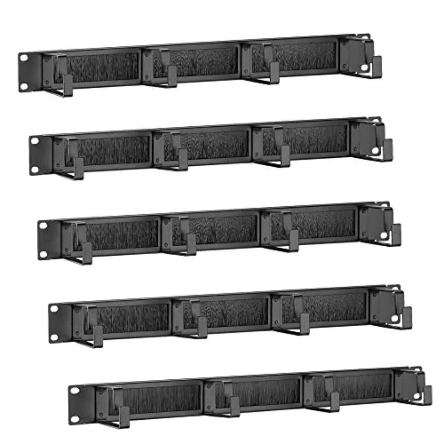 

1U 19" Server Rack Cable Management Brackets Pack of 5 - Steel Cable Organizers for Fiber Optic Network Patch Cables with Brush