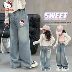 Kawaii Hellokitty Jeans Girls Spring Autumn Thin Denim Pants Street Style Hip Hop Straight Trousers Wide Leg Pants Fashion Gift