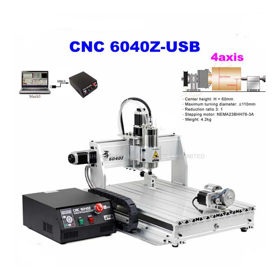 4axis CNC Router 6040Z-USB Mach3 auto engraving machine with 1.5KW VFD spindle and USB port for hard metal