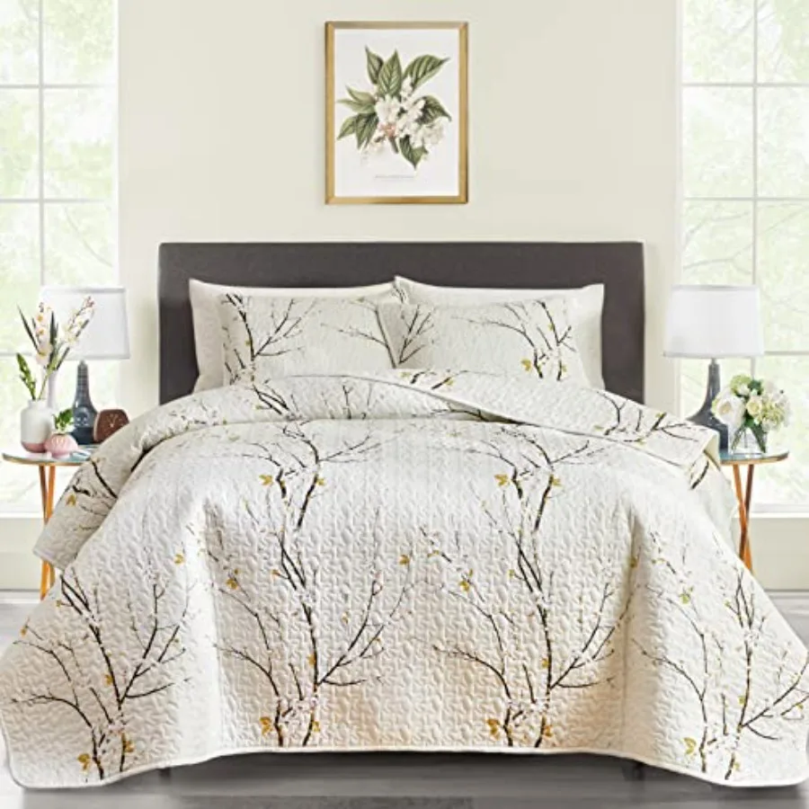 

Комплект постельного белья Queen Size: белое с черным узором в виде ветвей, 88x88, из мягкой микрофибры, легкое летнее покрывало, 3 предмета