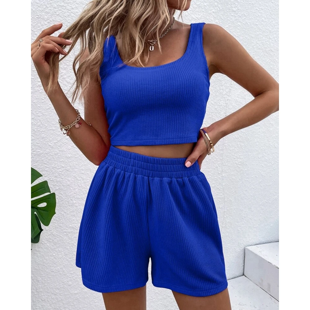 Girls\' Fresh and Sweet Shorts Set 2023 Summer Casual Women\'s Knitted Rib Sleeveless U-neck Top and Shorts Two Piece Set