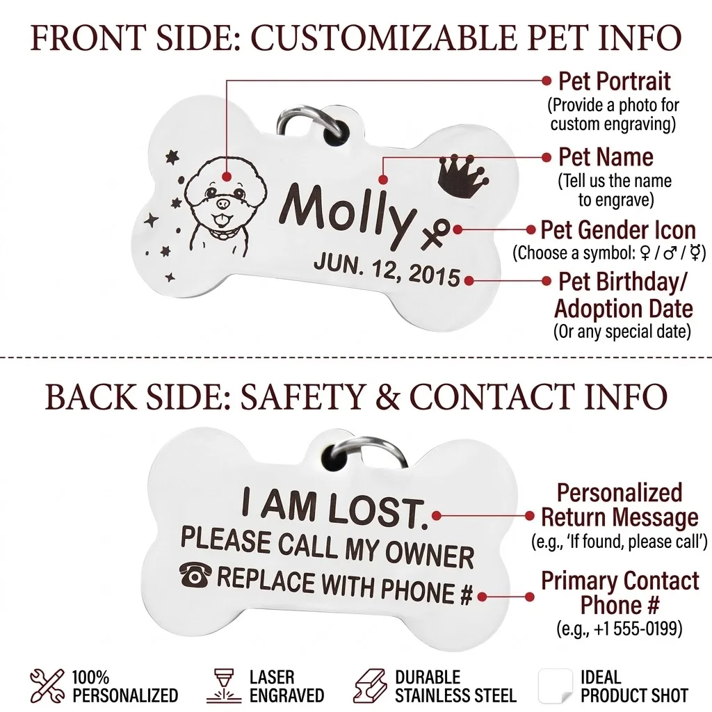 2 Pack Personalized Pet Collar Set Lost Pet Identification Custom Photo ID Tags Laser Engraved Name Phone Number for Cats Dogs