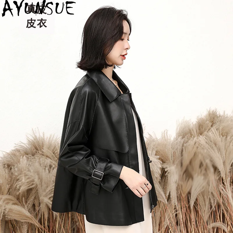 AYUNSUE Genuino Giacca di Pelle Vestiti Delle Donne 2025 Primavera Autunno Cappotto di Pelle di Pecora Donna Vita Nera Jaqueta De Couro