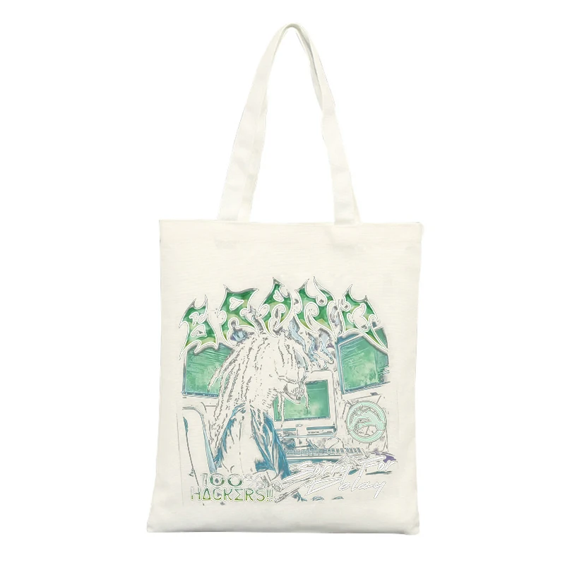 Fantasy Creature Print Canvas Tote Bag with Typography, Ideal for Casual Daily Use and Urban Outings
