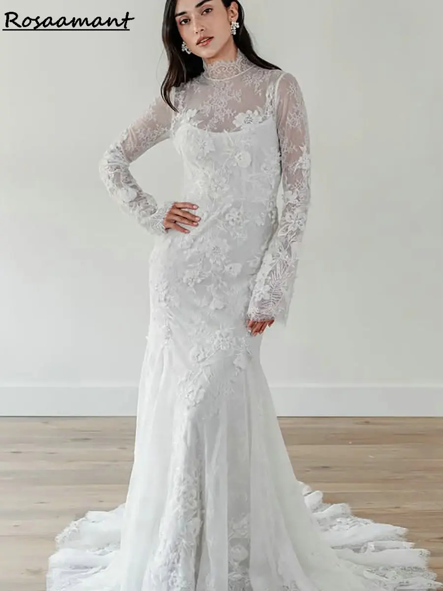 

Vintage High Neck Long Sleeve Mermaid Wedding Dresses Illusion Appliques Lace Boho Bridal Gowns