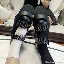 Bullet Studded Punk Loafers Women Big Toe Platform Shallow Hollow Belt Buckle Black Leather Lolita Shoes 2025 New Cool Girl Shoe