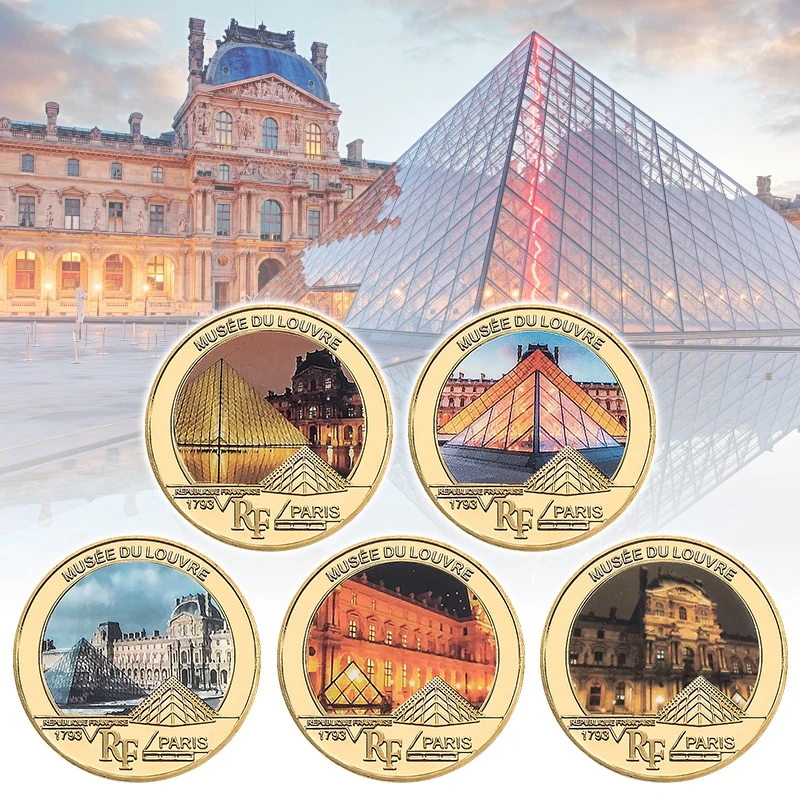 5pcs Louvre in France Golden Commemorative Coins Paris Famous Landmark Traveling Souvenir Coins Set Collectible Christmas Gifts