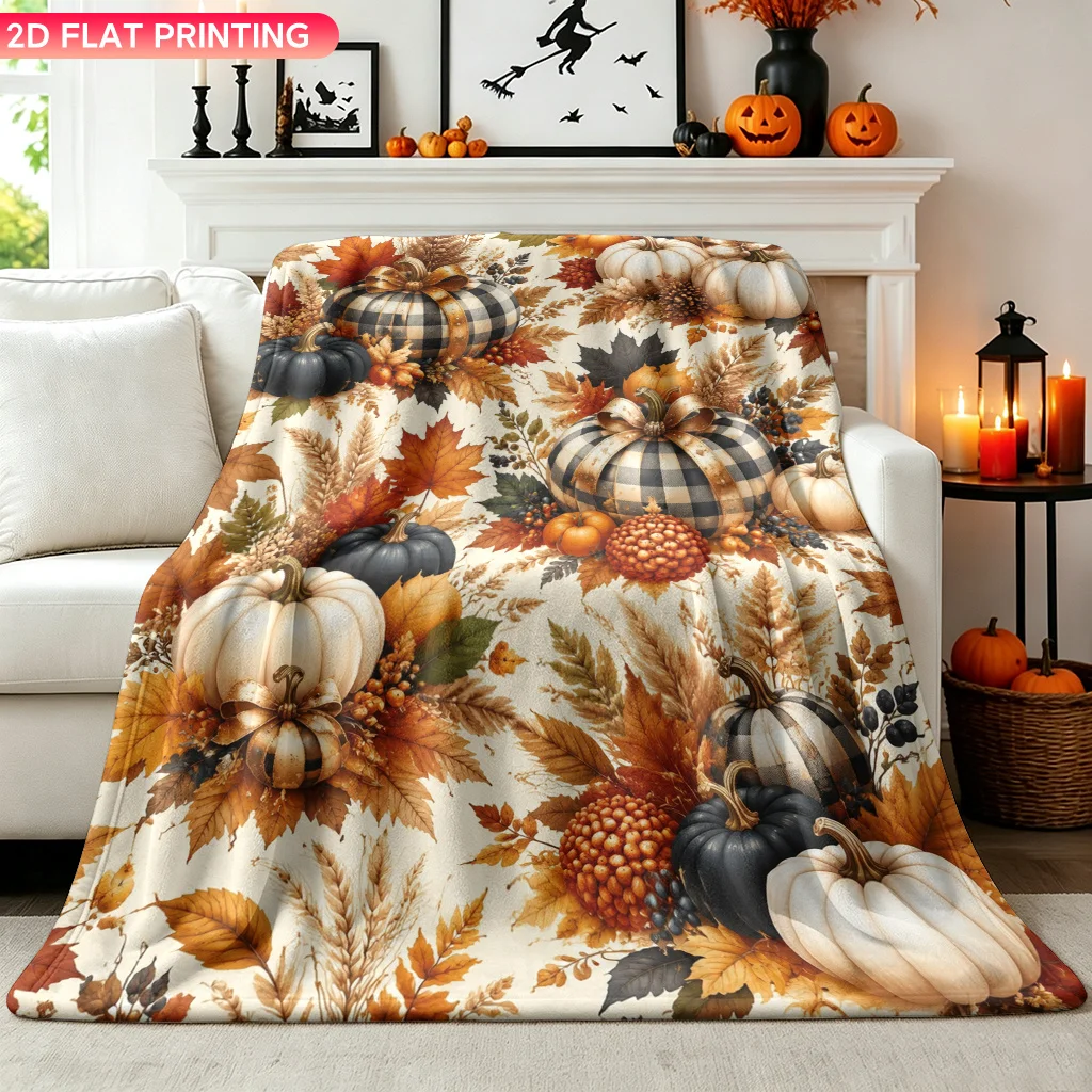 Luxurious Autumn Pumpkin Leaf Throw Blanket for Couch Decor Polyester Fall Harvest Thanksgiving Seasonal Warm Home Accent Decor