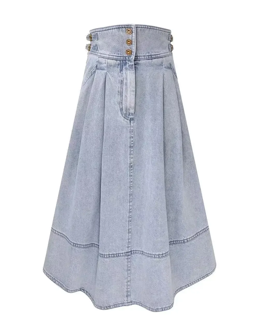 Ensemble chemisier portefeuille en jean à manches longues bleu clair et jupe mi-longue