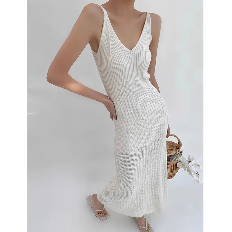 Sexy Hollow Out V-neck Knit Dress For Women Fashion Sleeveless Sheath Maxi Dresses 2024 Summer Female Beach Vacation Robes