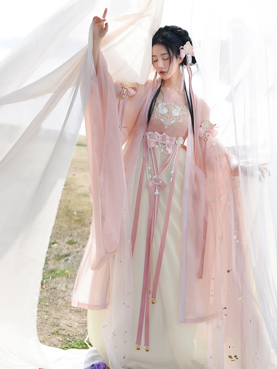 Original Hanfu Female Fresh Chebula Skirt Han Elements A Complete Set Of New Models Spring 2022 8PCS SET Pink Color