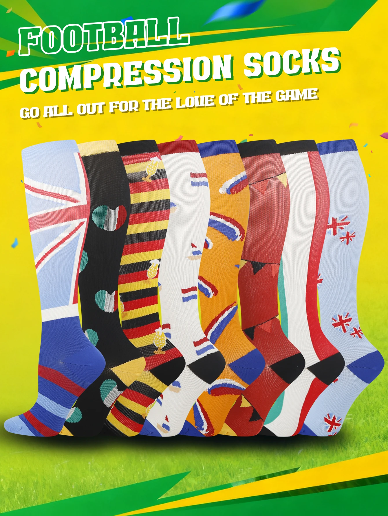 1 Pair Soccer Compression Socks Multi Country Flag Themed Kn