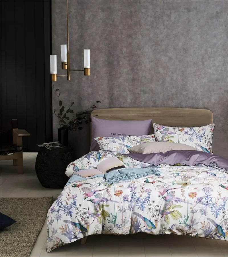 Multic color Leaf Birds print Bedding Set Luxury Egyptian Cotton Soft Queen King size Bedding sets Bed Sheet Duvet Cover set