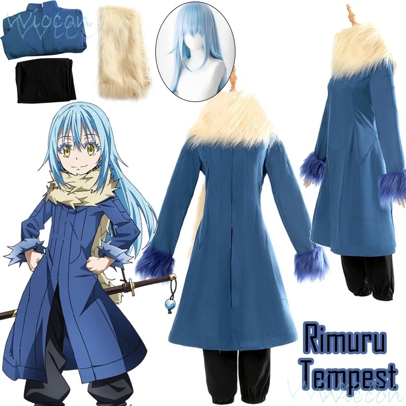 

Rimuru Tempest Anime That Time I Got Reincarnated As a Slime Cosplay Costume Blue Long Wig Blue Overcoat Uniform White Scarf