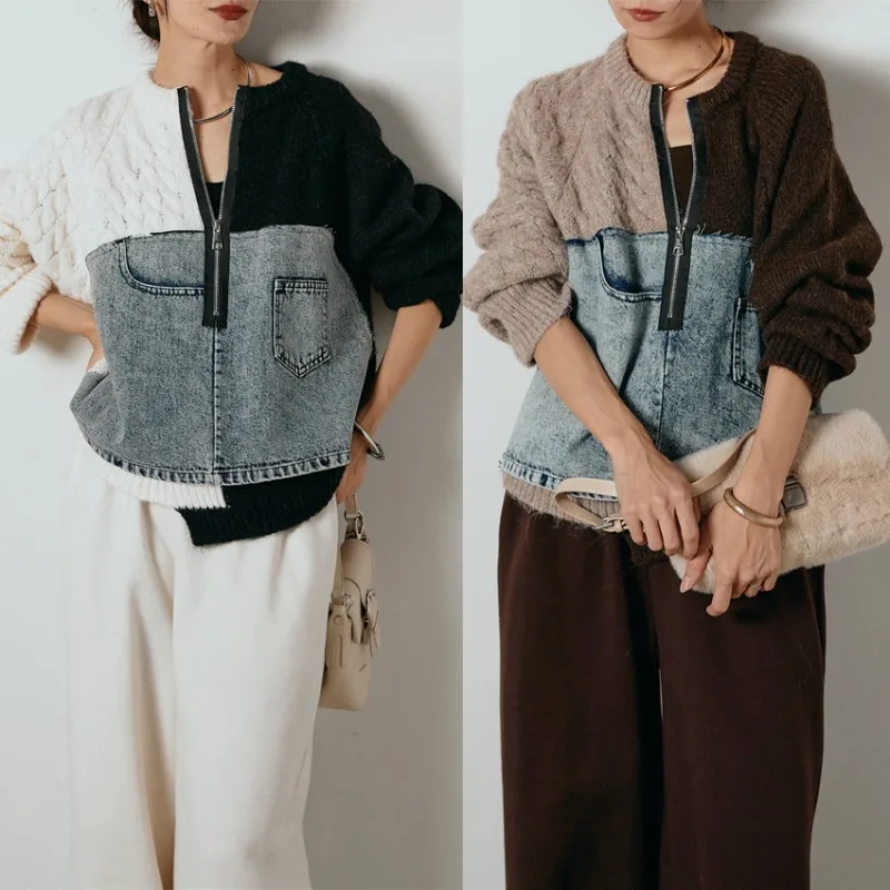 

New Denim Patchwork Knitted Pullover Sweater Women's Korean Japan Style Zipper Fake 2 Piece Loose Raglan Sleeve O-neck Sweaters