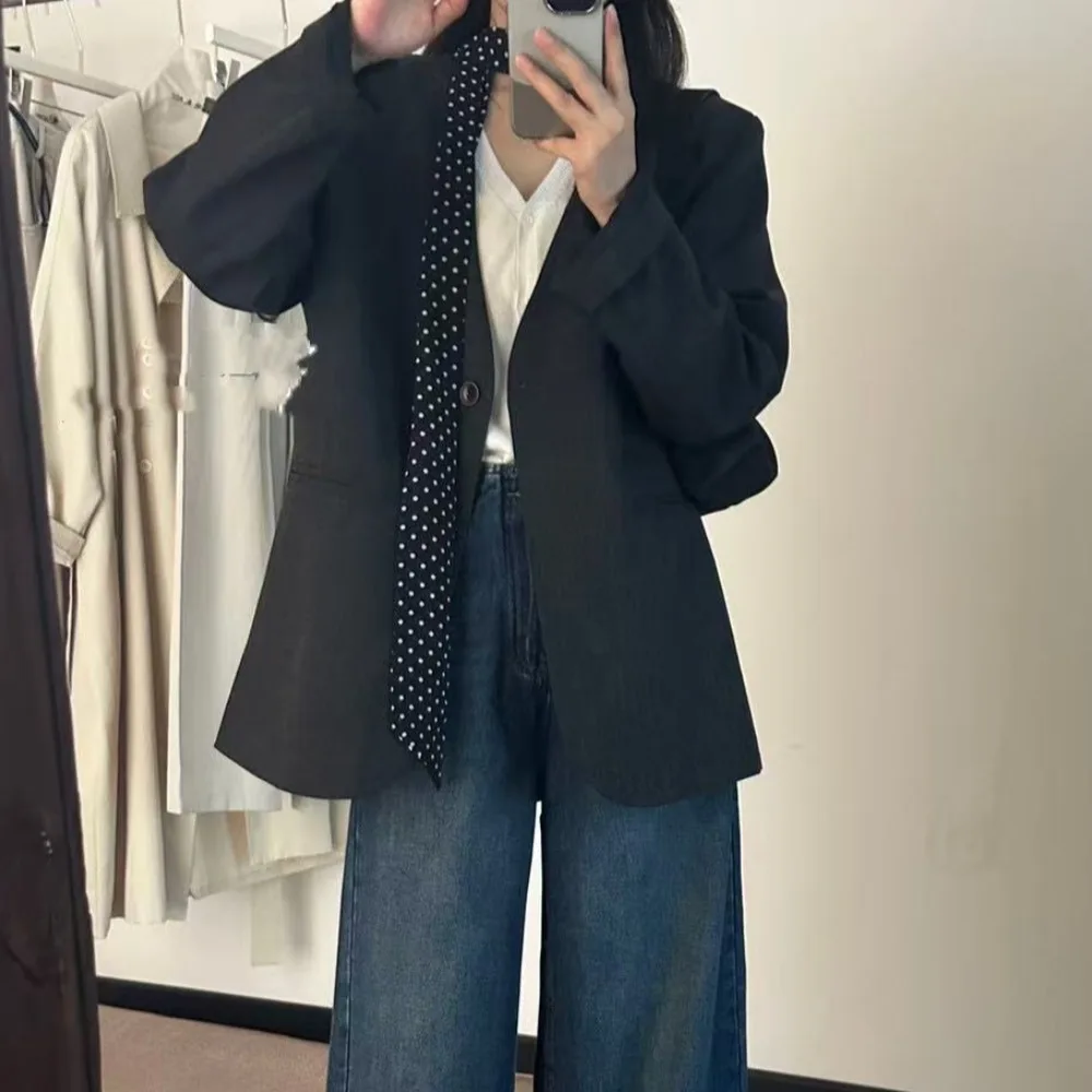 

Women's Chic Loose Nel Suit Jaet Korean Sle Autumn Winter High Quali Simple Elegance Silk Ribbon Detail Commute Ready